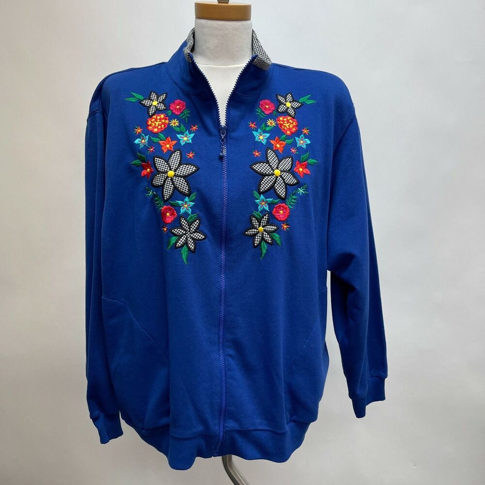 Alfred Dunner Full Zip‎ Sweater Large Blue Multicolor Floral Embroidered